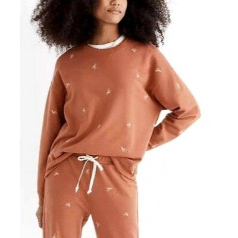 Madewell Bow Embroidered Double Crewneck Sweatshirt L Warm Umber Pullover French